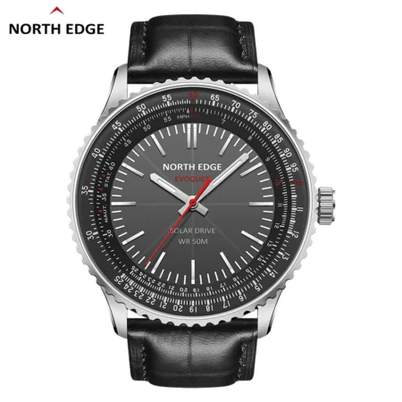 NORTH EDGE EVOQUE 3 Pilot Series Watch For Men Aviation Military Solar Powered Watch Leather Strap Luminous Stainless Steel Case