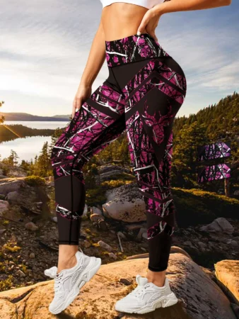 Women's Performance Running Tights High-Waisted Compression Leggings with Artistic Deer Print & Ombre Design
