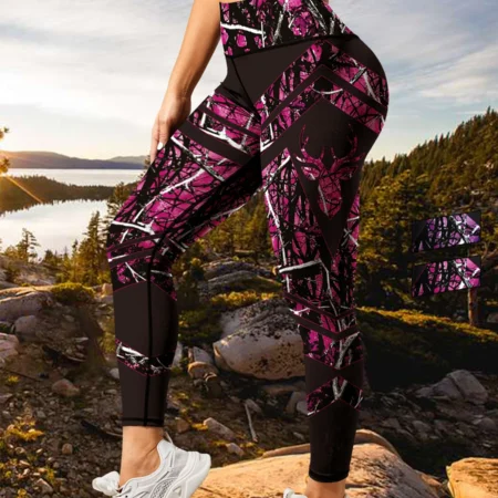 Women's Performance Running Tights High-Waisted Compression Leggings with Artistic Deer Print & Ombre Design